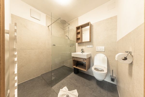 Modernes Badezimmer mit Walk-in-Dusche im Apartment Grubigstein in Lermoos Modernes Badezimmer mit Walk-in-Dusche im Apartment Grubigstein in Lermoos
