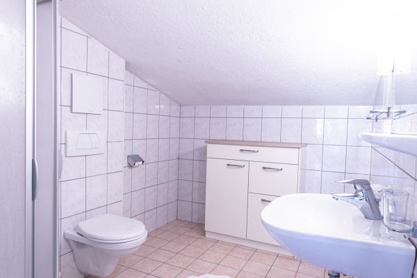 Helles Badezimmer mit Dusche im Apartment